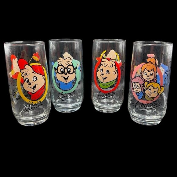 Vintage Alvin & The Chipmunks & Chipettes Drinking Glasses Set of 4 - 1980s - Picture 1 of 10